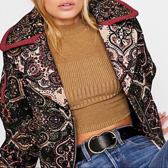 Free People Labrinth Moto Jacket Multicolor Tapestry Inspired Print M
